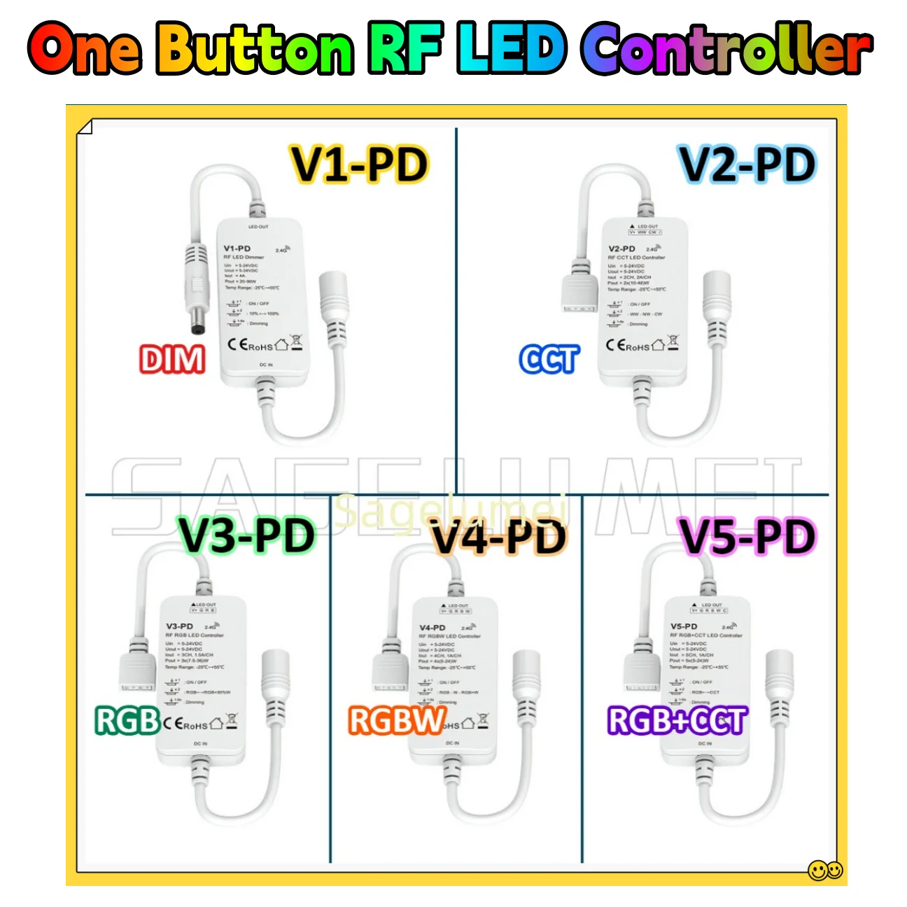 

V1-PD/V2-PD/V3-PD/V4-PD/V5-PD Однокнопочный радиочастотный светодиодный контроллер 10 динамических режимов включает изменение перехода для полос DIM/RGB/RGBW/CCT/RGB+CCT