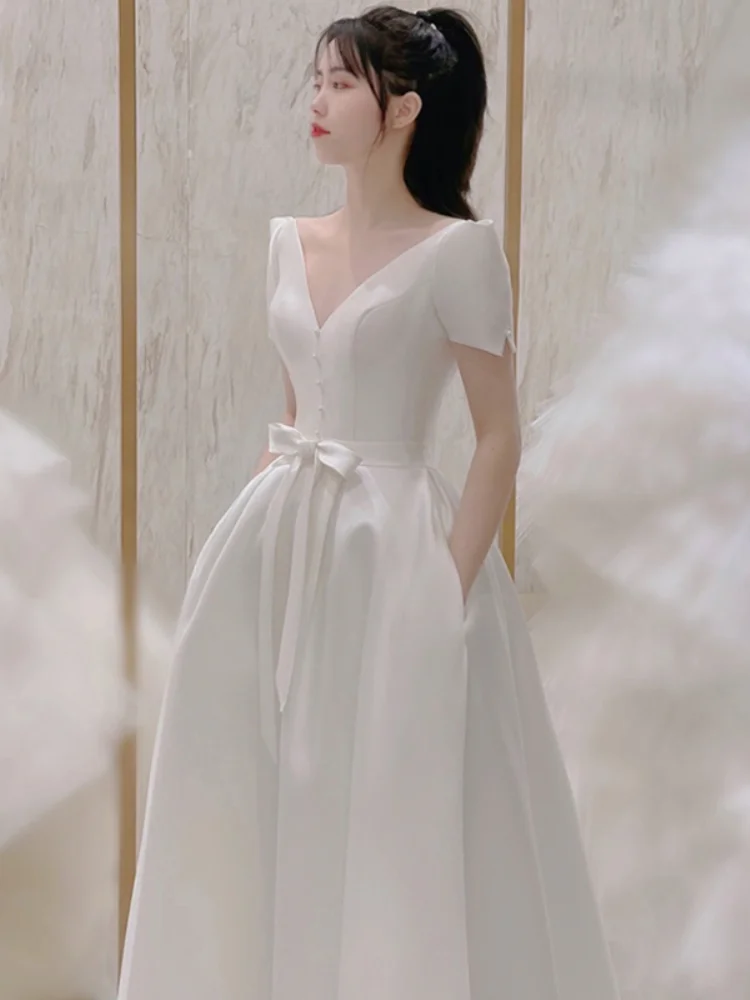 

Ele White Satin Evening Dr Engagement Dr Birthday Dr Floor-Length Gown Pearl Embellied ort Sve Dr