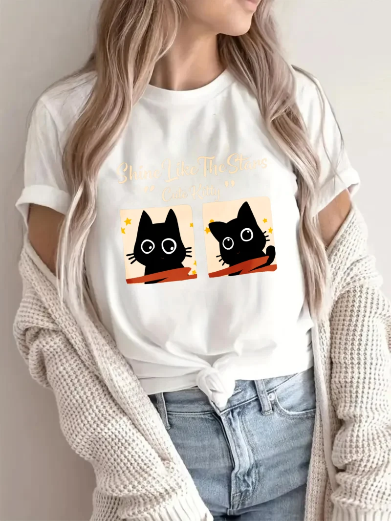 

Женская футболка, повседневный топ из чистого хлопка, футболка с милым котом и принтом, модная уличная универсальная весенняя повседневная одежда для пар