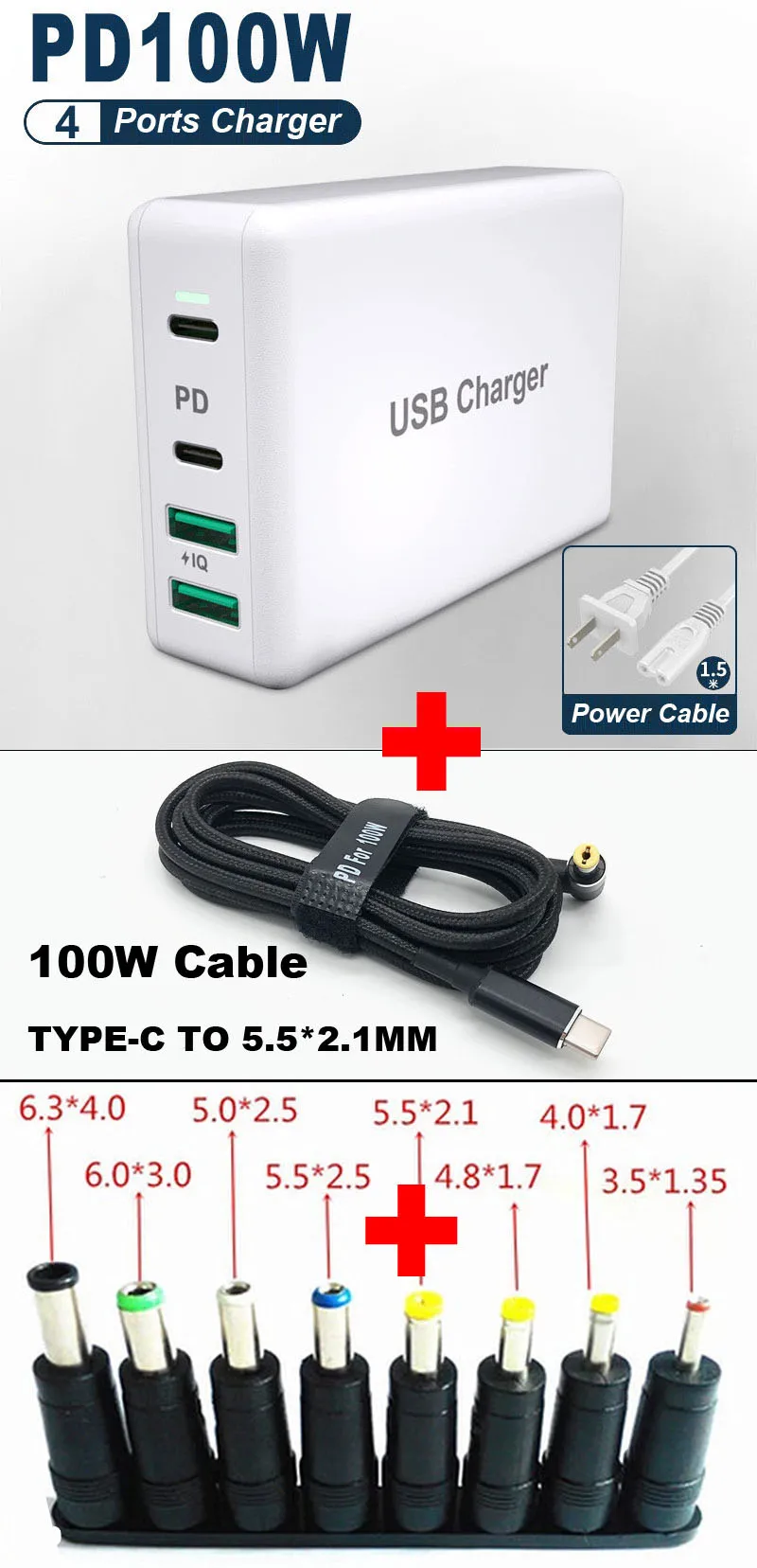 100-240V PD 100W Quick Wall Fast Charge 4 Ports USB Type C+1.8M PD To Notebook Laptop AC Power Supply Cable+8pcs Plug Connector