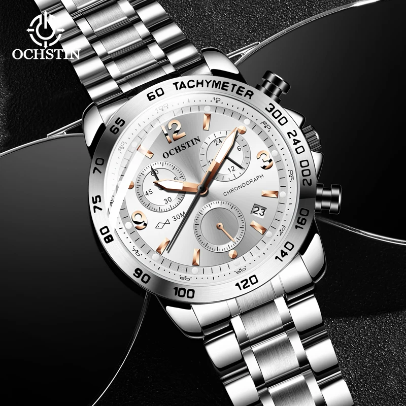 OCHSTIN Mens Solid Steel Strap Quartz Multi‑Function Movement Wristwatch Man Mineral Hardened Glass Daily Waterproof Clock