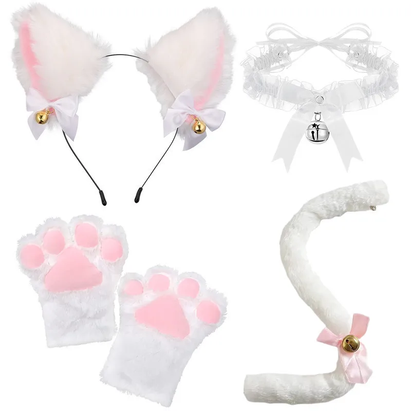 5Pcs Halloween Party Cat Headband Necklace Claw Gloves Tail Sets Cosplay Plush Bell Hairband Masquerade Headwear Hair Accessor