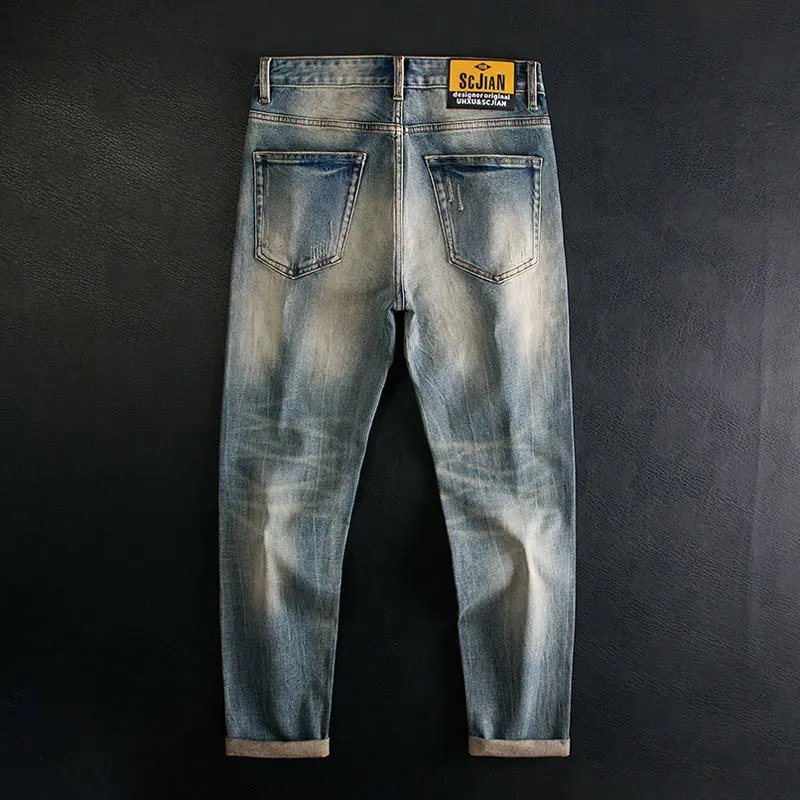 Jeans da uomo firmati di moda Jeans strappati Slim Fit elasticizzati blu lavati retrò di alta qualità da uomo pantaloni in Denim Vintage stile italiano