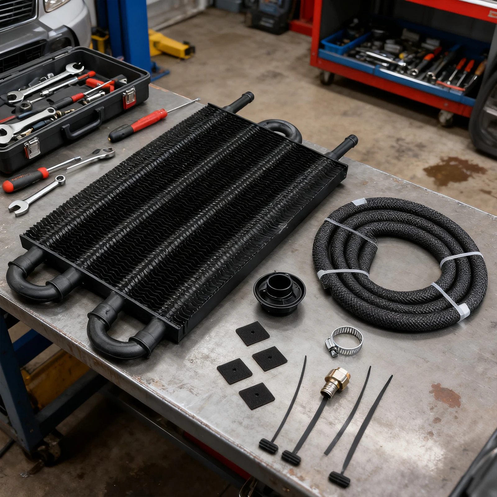 4 Row Universal Aluminium Alloy Radiator with Tube and Hose Mounting Kit Oil Radiator Transmission Engine Cooler