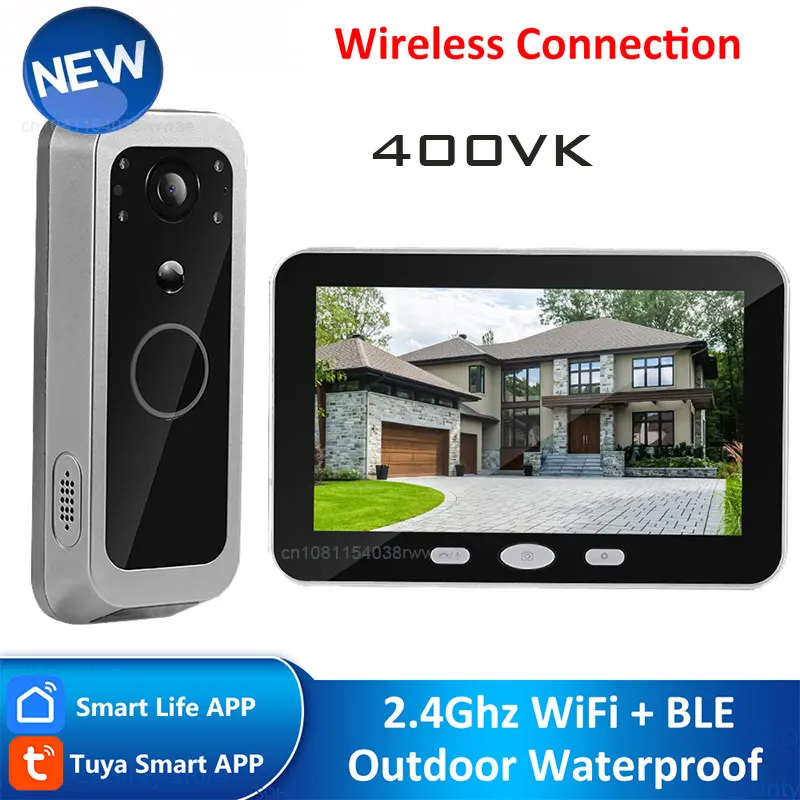 Tuya Wireless Video Doorbell 5'' Sreen Smart Life Intercom Build in Battery- PIR motion 2.4G WiFi, Two-Way Talk, Night Vision