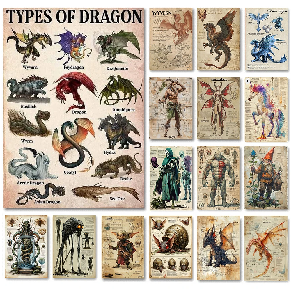 Criaturas de fantasía, arte Retro, Animal mítico mágico, elfo, unicornio, Hada, dragón, lienzo, impresiones de carteles, pared, sala de estar, decoración del hogar, regalo