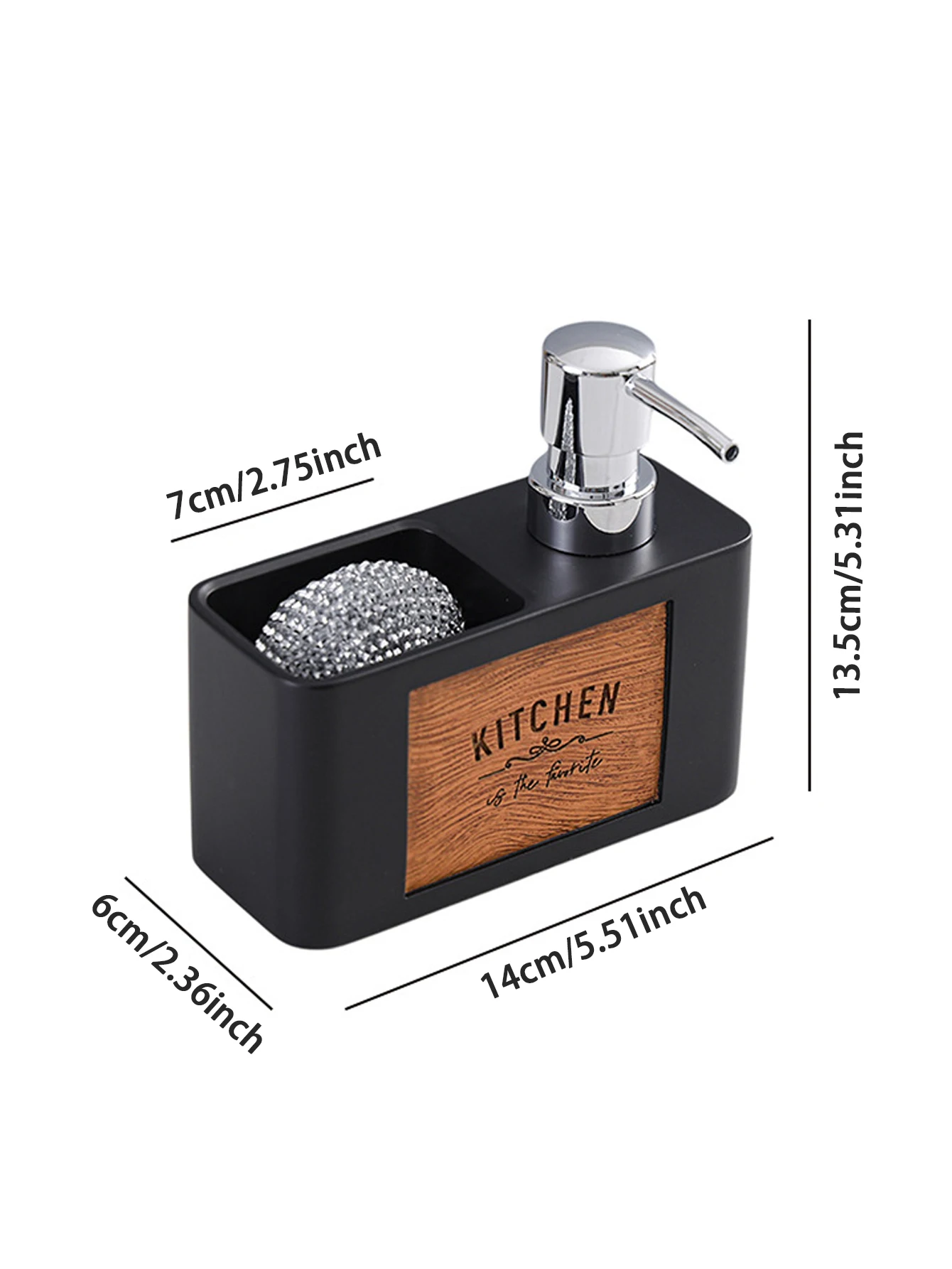 Kitchen Countertop Organizer Soap Dispenser and Sponge Holder Plastic Construction Wooden Label Detail Kitchen Sink Accessories