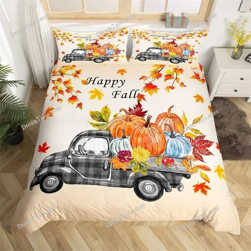 

Happy Thanksgiving Duvet Cover Fall Maple Leaf Bedding Set Microfiber Gnome Gold Pumpkin Farm Harvest Comforter Cover King Size0