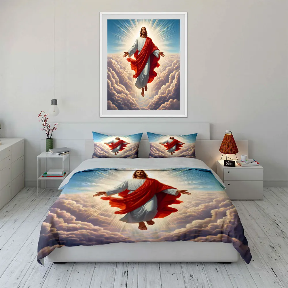 Jesus Ascending with Radiant Light Pattern Duvet Cover Set Digital Print Colorful Polyester Bedding with Zipper Closur for gifts