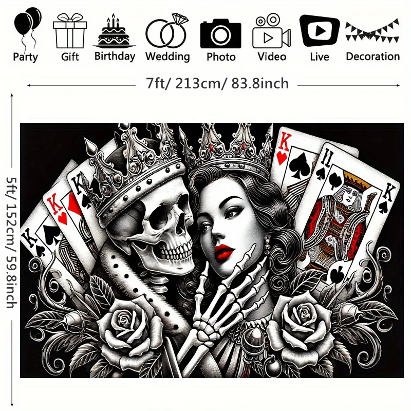 Skeleton King Queen Playing Cards Roses Tattoo 2D Flat Tapestry Backdrop For Game Room Decor Gothic Art Wall Hanging Print