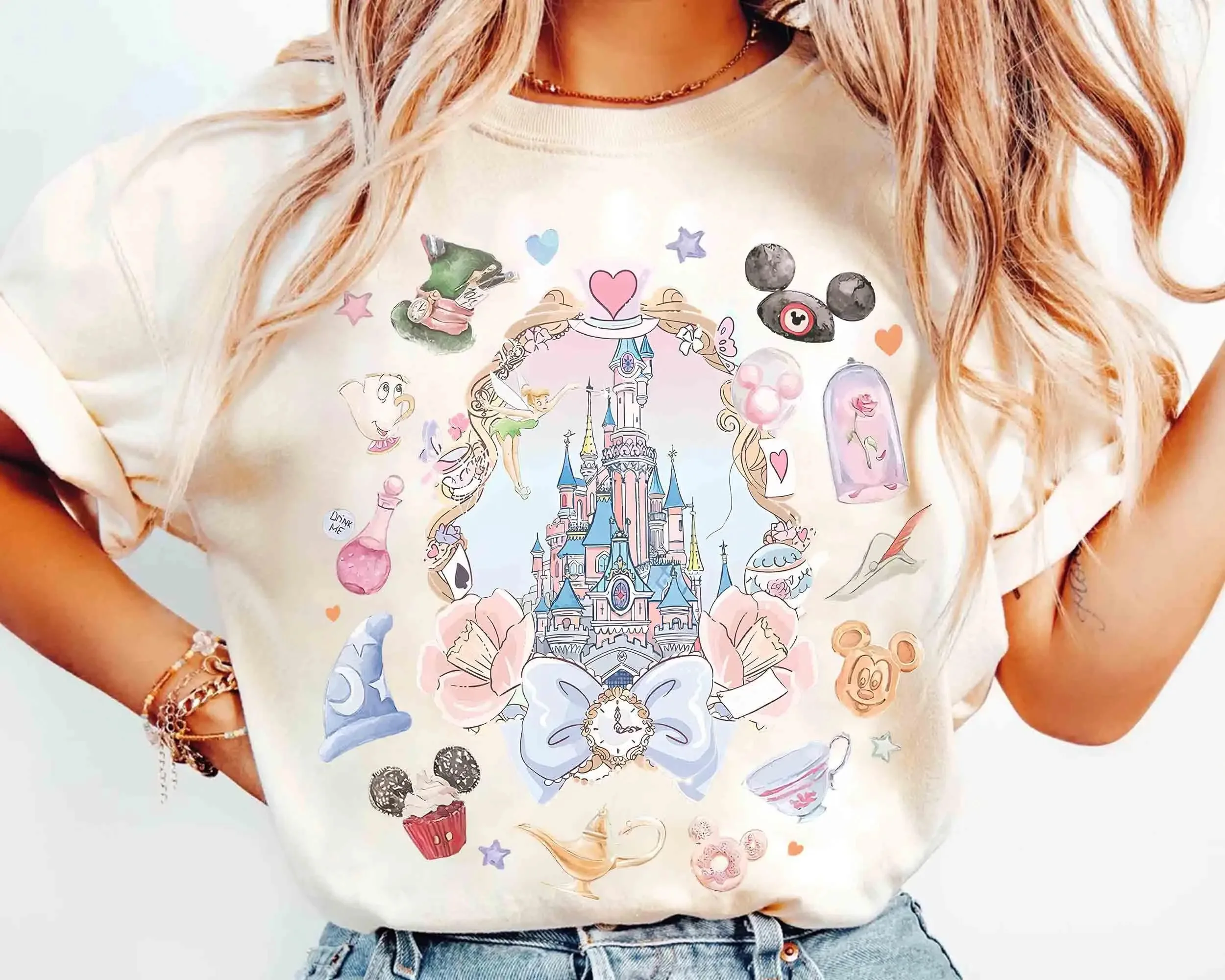 Aquarell-Schleifen-T-Shirt mit Disney-Schloss-Motiv, Magic Kingdom Mädchen-T-Shirt, geeignet für Männer, Frauen, Familien, Kinder