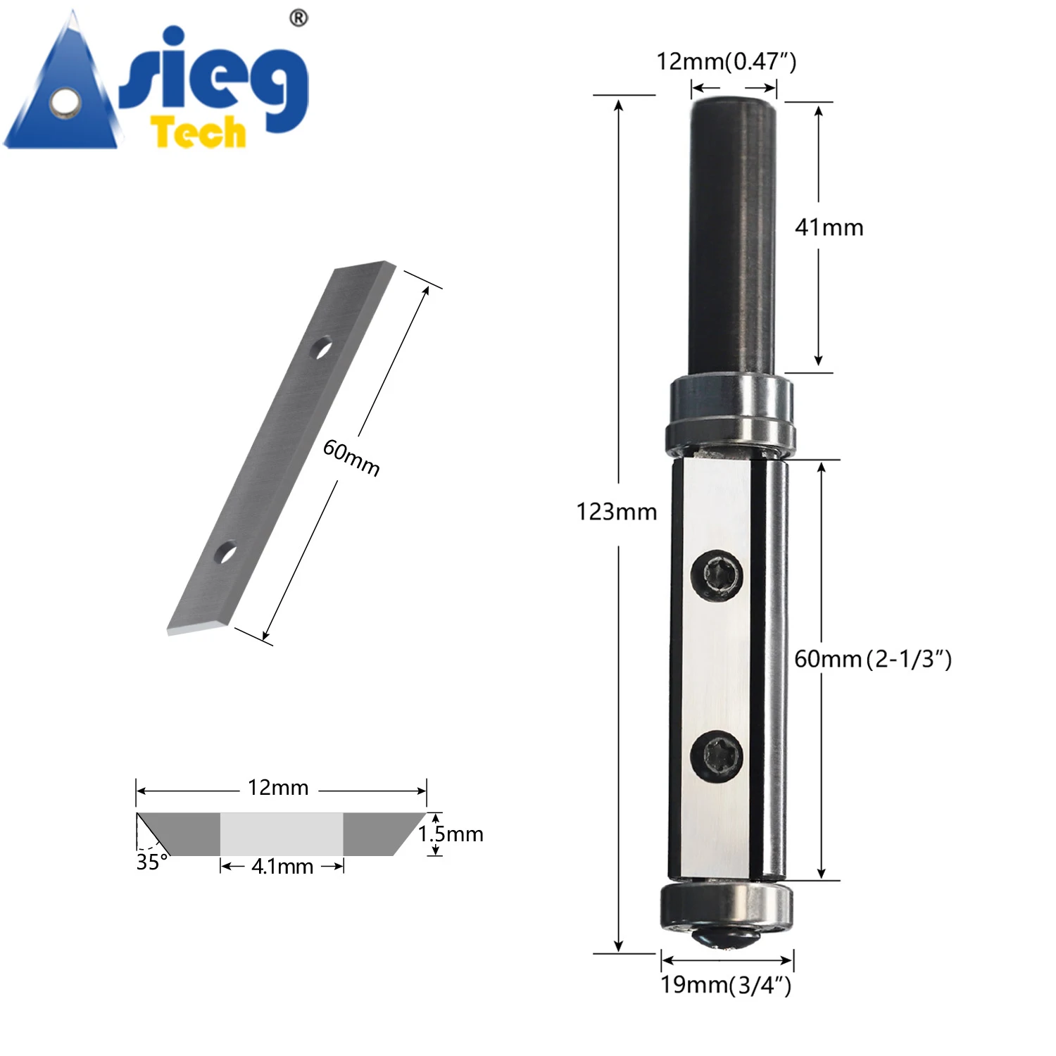 Flush Trim Router Bit 12mm Shank Top and Bottom Double Bearings Trimmer 60mm Cut Length with Repaceable Insert Cutter