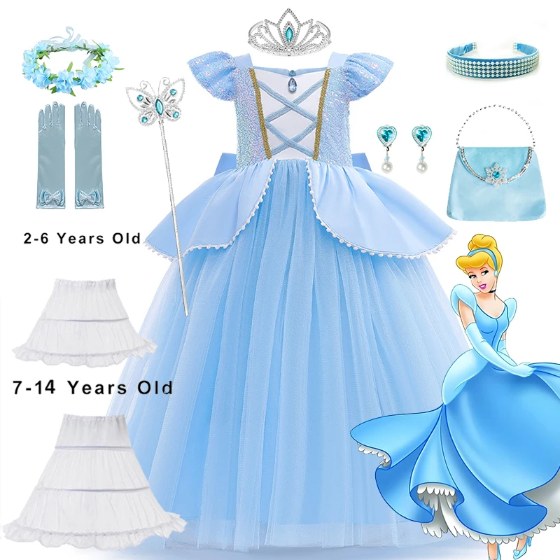 

Girl Fancy Cinderella Dress Kids Halloween Disguise Costume Birthday Party Outfit Dress with Gloves for Girls Birthday Gif 2-10Y