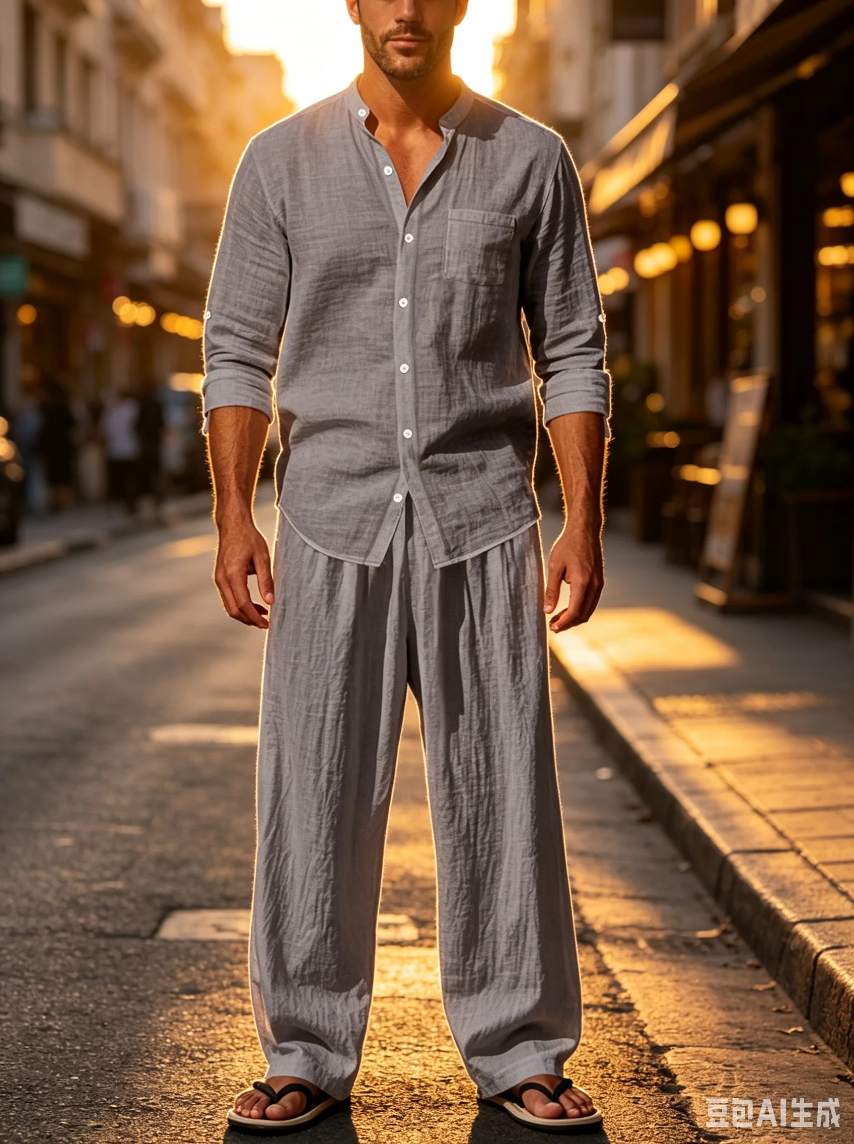 Linen Shirt Breathable - 남성 만다린 칼라 버튼다운 투피스 세트
