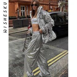 Fashion Metallic Silver Simple Women's Pants 2023 Casual Low Waist Straight Trousers Autumn Solid Full Length Female Clothes