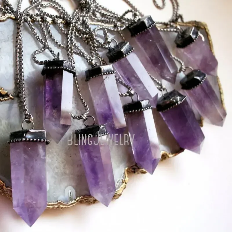 10pcs Amethyst Point Crystal Long Layered Necklace Purpple Goth Halloween Y2k Stainless Steel Chain Jewelry Wicca Boho Collares