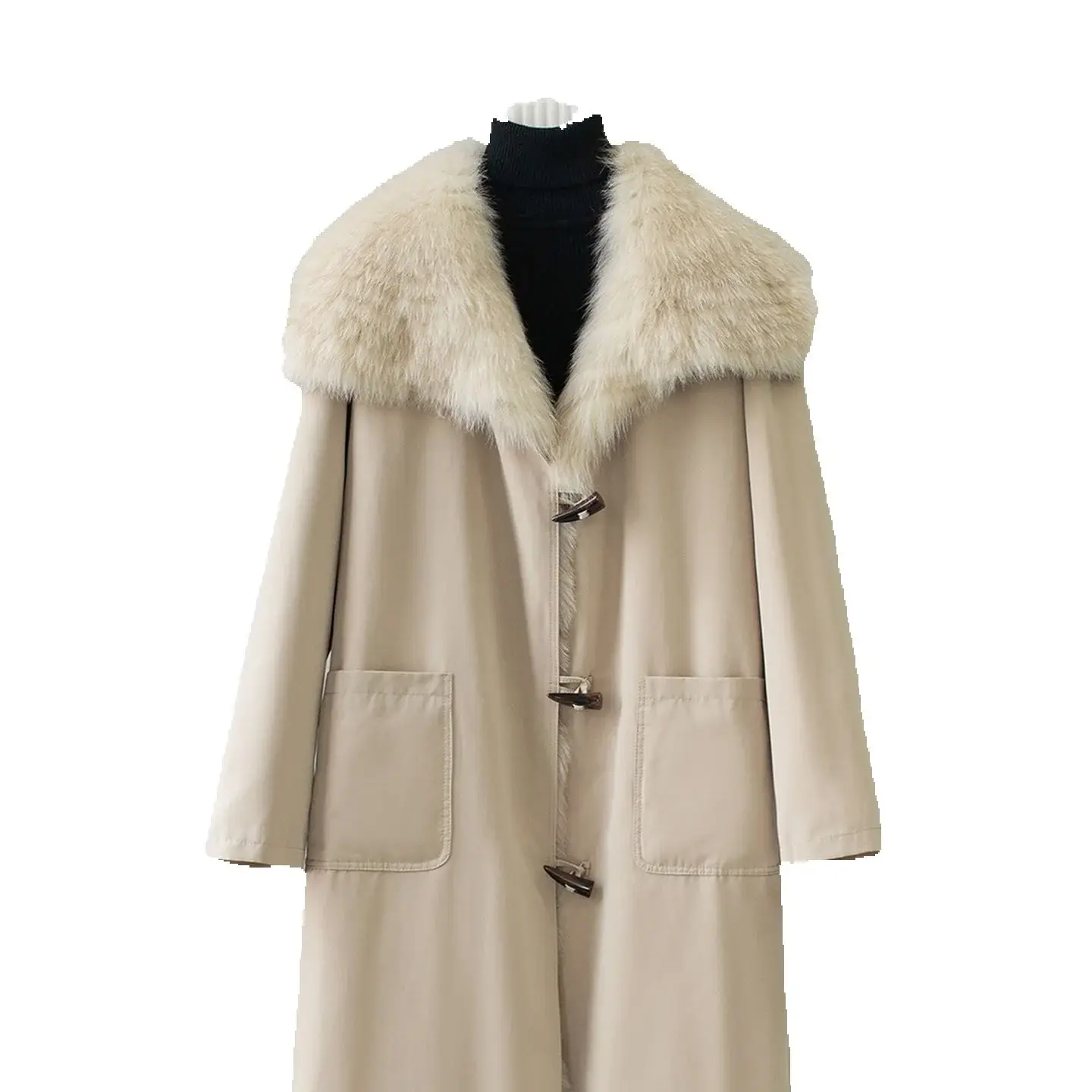 Khaki 2025 Winter new fox fur collar fur coat, women's goose down inner down jacket, mid-length Parquet overcoat