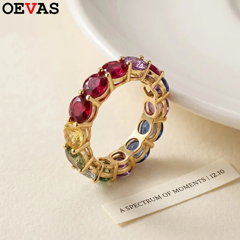 OEVAS 3/4/5MM Lab Grown Ruby pink Sapphire Ring 925 Sterling Silver for Bride 18K Gold Plated Wedding Eternity Band Fine Jewelry