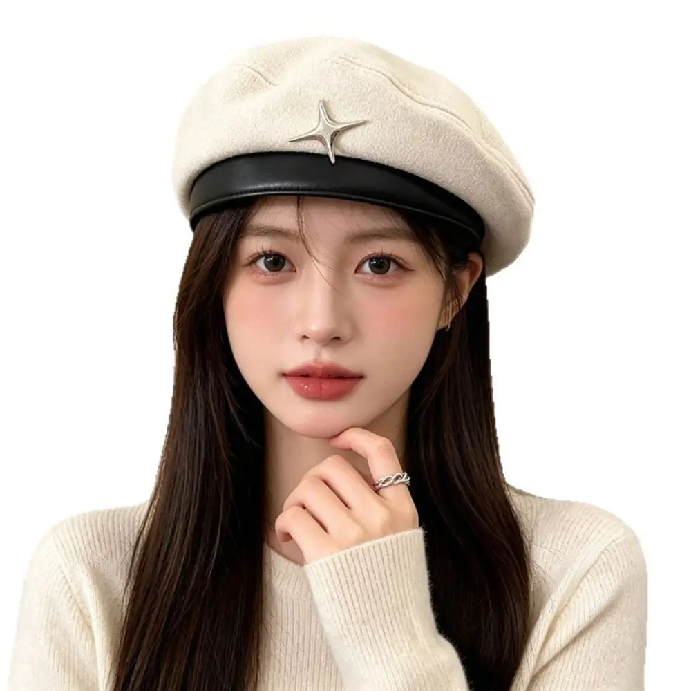 Korean Style Y2K Star Decorative Woolen Beret Hat Solid Color Leather Edge Newsboy Cap Retro Thick Warm Artist Hat Autumn Winter
