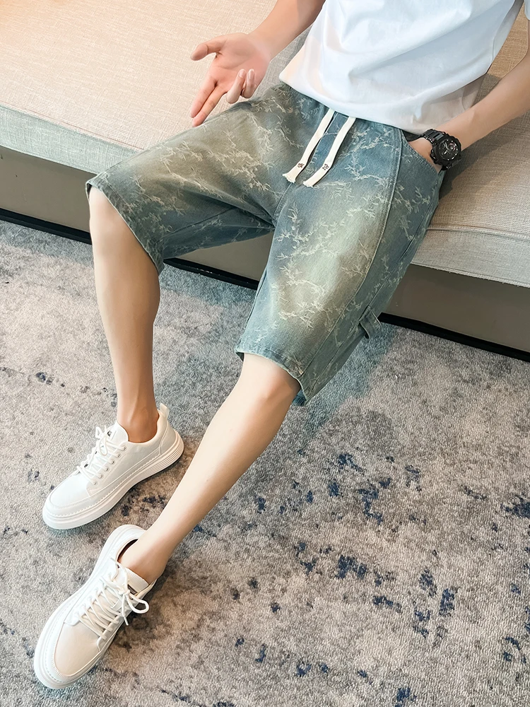

Retro American Embroidered Denim orts Men Summer Thin Faion Brand Haome Loose Straight Five-Quarter Mid-Pants