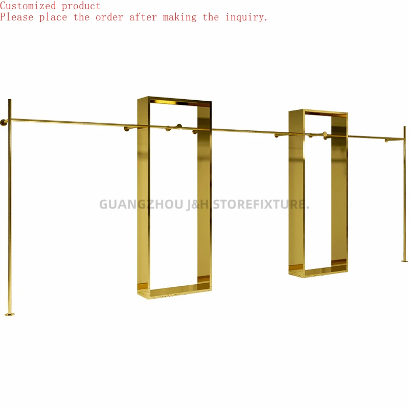 

Wall Mounted Stainless Steel Display Rack Retail Store Shiny Gold Clothing Display Shelves