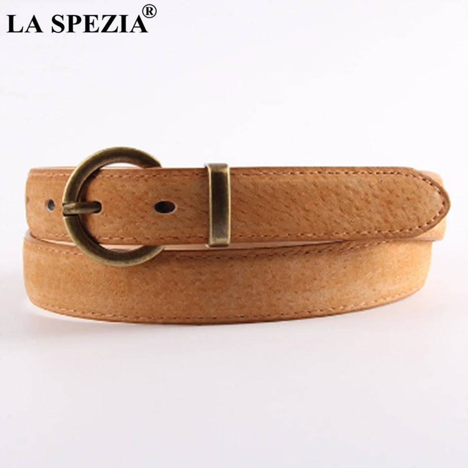 LA SPEZIA Leather Ring Belt Women Army Green Pin Buckle Belt Jeans Female Circle Wasit Real Leather Pigskin Ladies Brand Belts