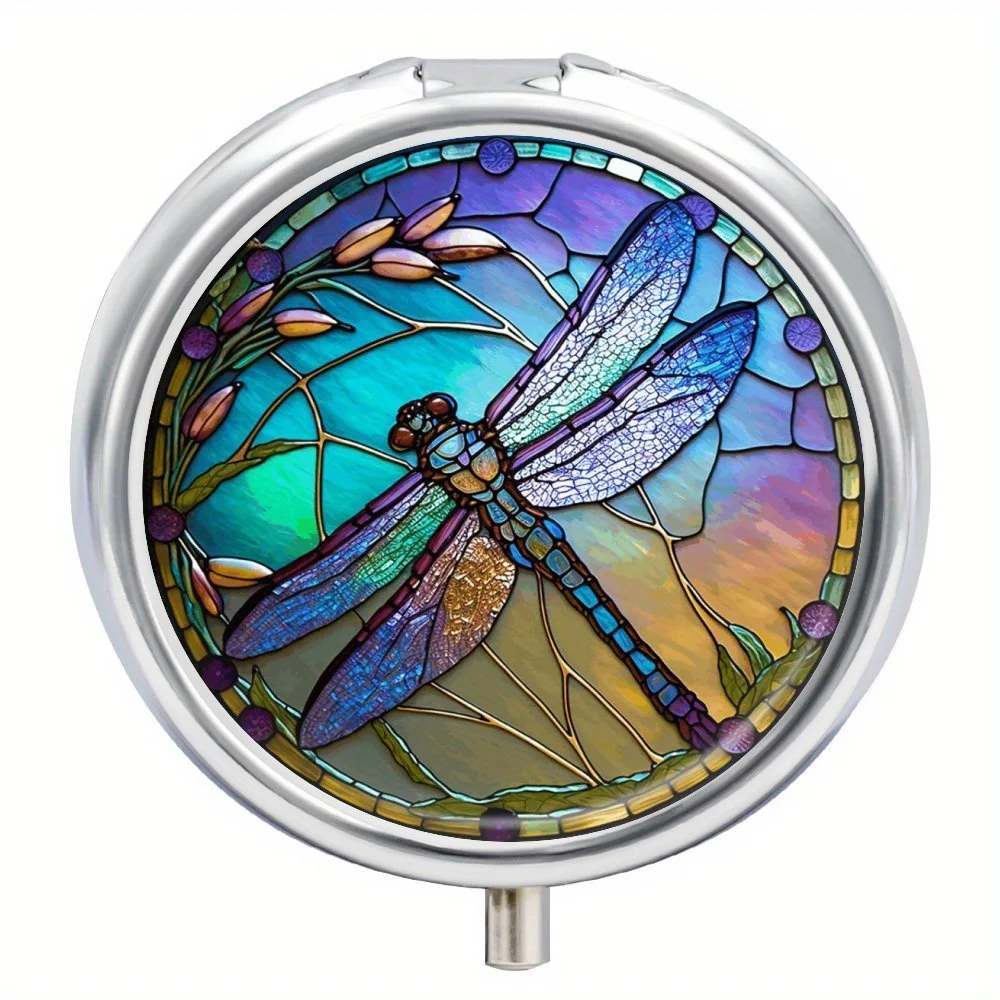 Fluorescent Dragonfly Pill Box 3 Compartment Medicine Organizer,Mini Box,Case For Purse,Travel Portable Box,For Pocket Or Purse