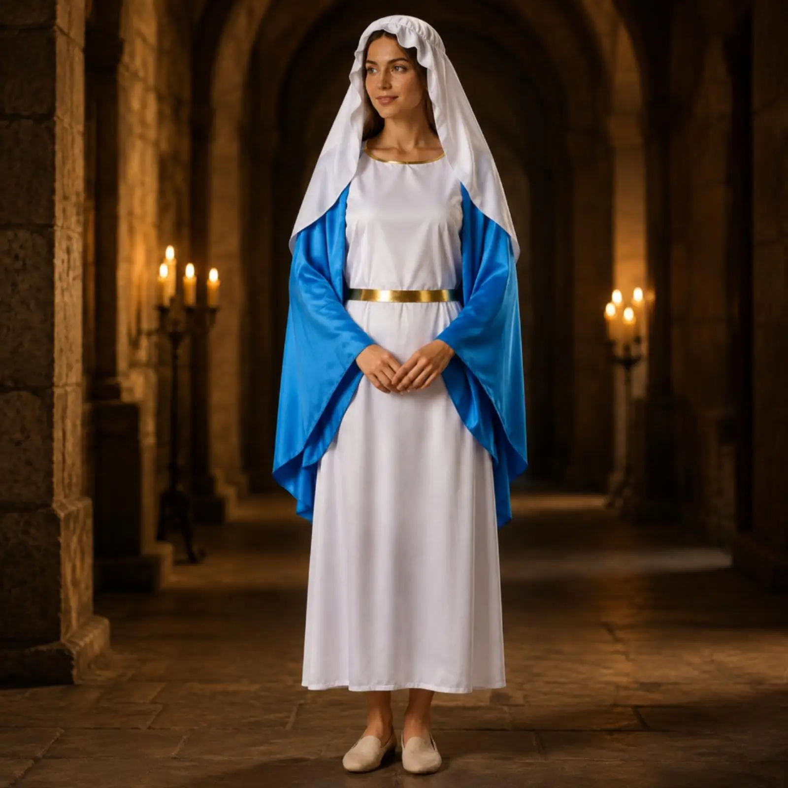 Halloween Costume for Women Rabbit Fur Hooded Dress Long White Robe with Blue Draped Sleeves Fantasy