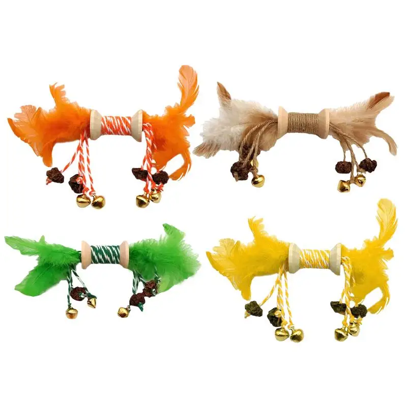 Cat Feather Chew Toy Cat Teething Chew Toys Wear-resistant Kitten Interactive Toy With Bell Wood Pet Toy Bite-Resistant Home Use