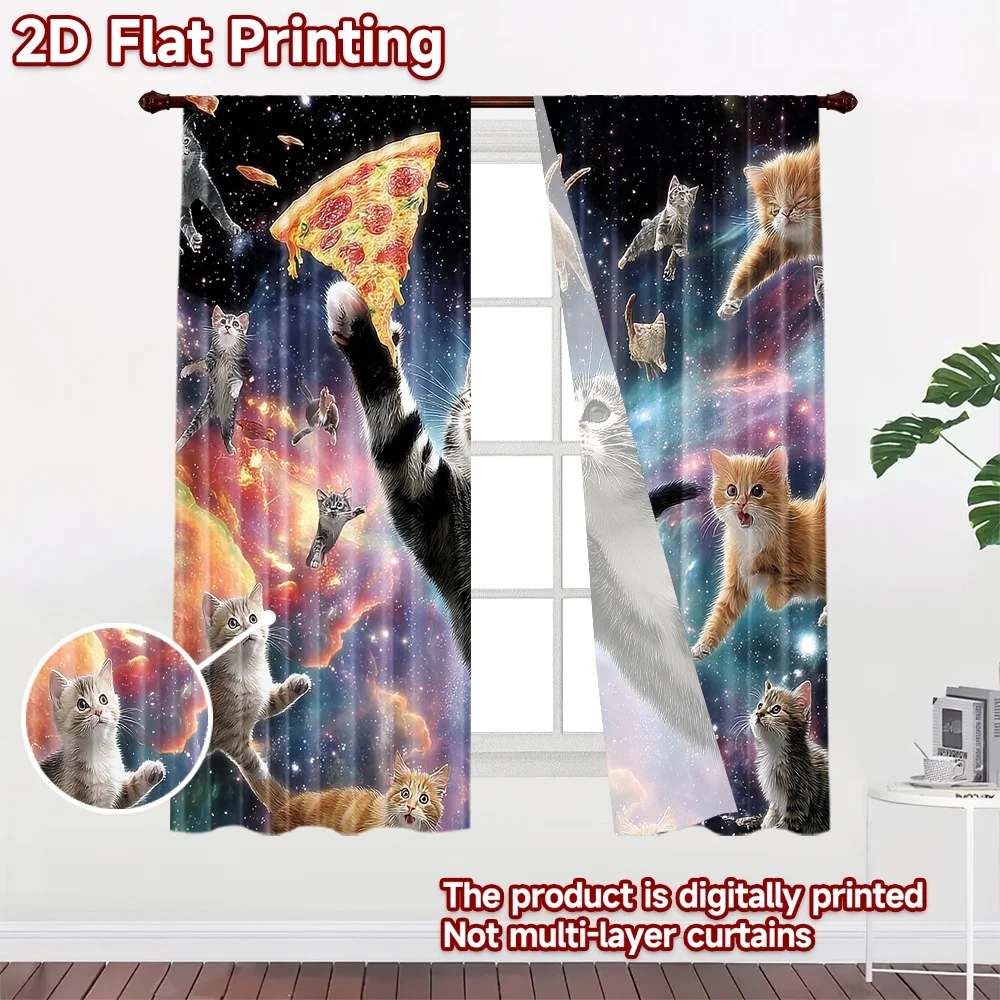 2D flat printing 2pcs Party Curtain Cosmic Cats Pizza Party Digital Printed Polyester Drapes Family Party Use for Holiday