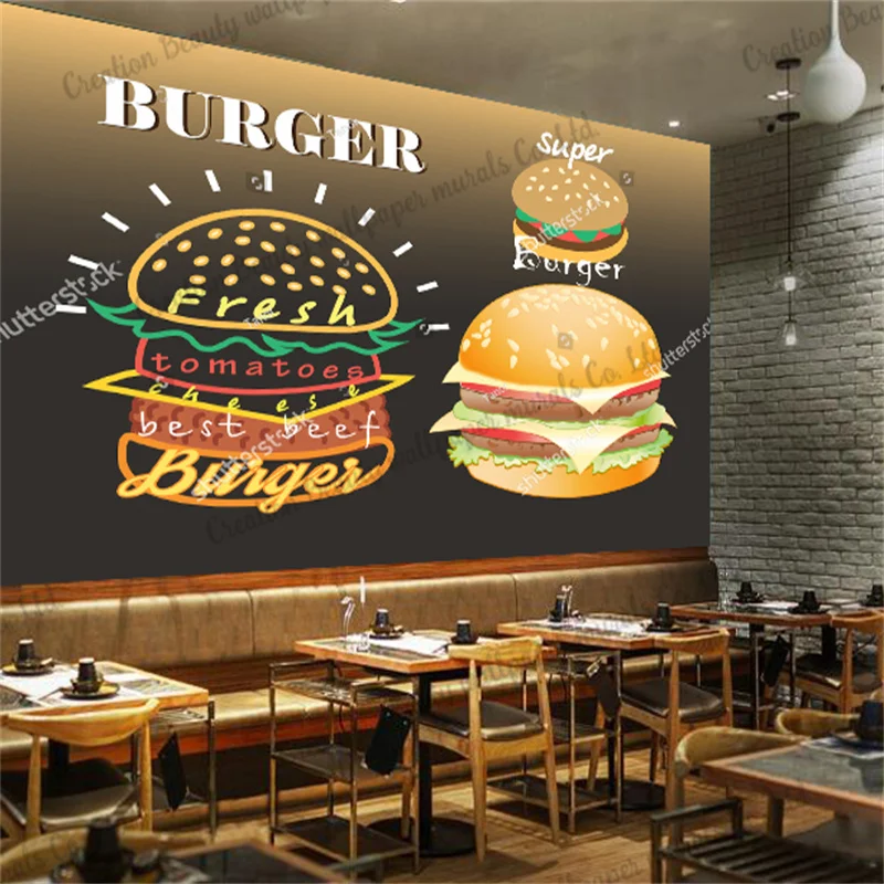 Blackboard Hand-painted Hamburger Fast Food Wallpaper Industrial Decor Mural Restaurant Snack Bar Background Wall Contact Paper