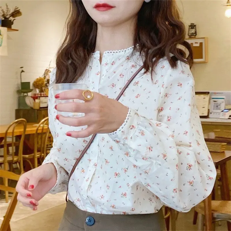 Elegant Fashion Harajuku Slim Fit All Match Pure Cotton Blouse Printed Button Long Sleeve Tops Women Loose Casual Female Clothes