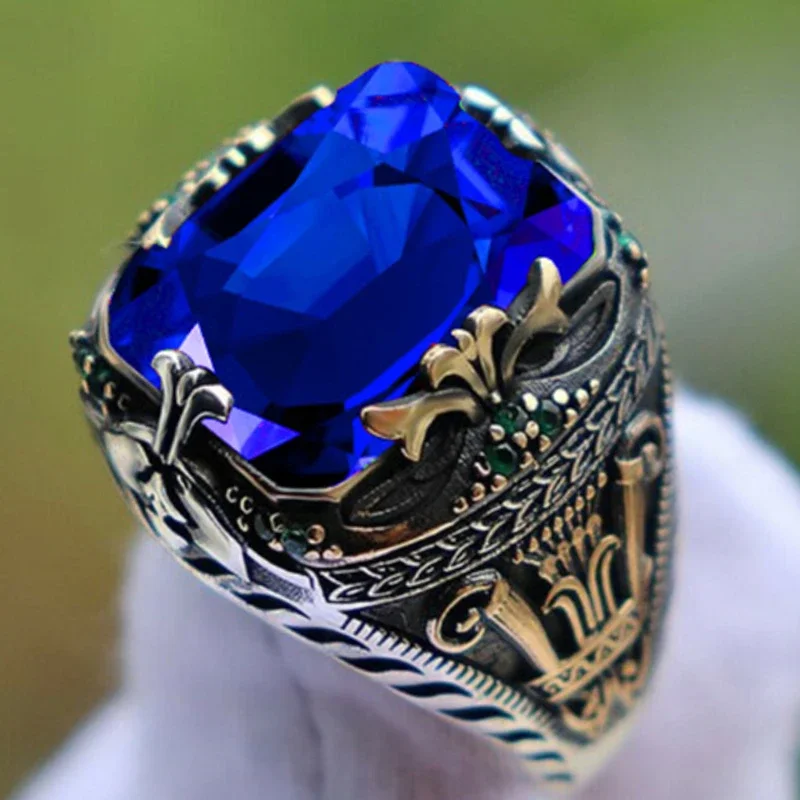 Inlaid Emerald Men\'s Luxury Ring Personality Retro Domineering Gem Sapphire Ring To Attend The Banquet Party Business Jewelry