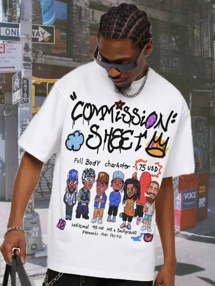RapStar White Cartoon Print T-Shirt American Streetwear Style Heavyweight 200g Pure Cotton Short-Sleeve Base Layer for Men