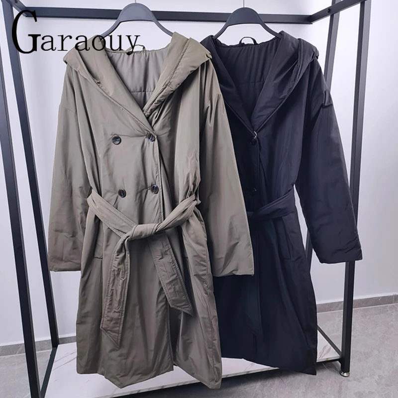 Garaoy 2024 Winter Women Hooded Double Breasted Mid Length Belt Parka Overcoat Female Loose Add Cotton Jacket Coats Warm Outwear