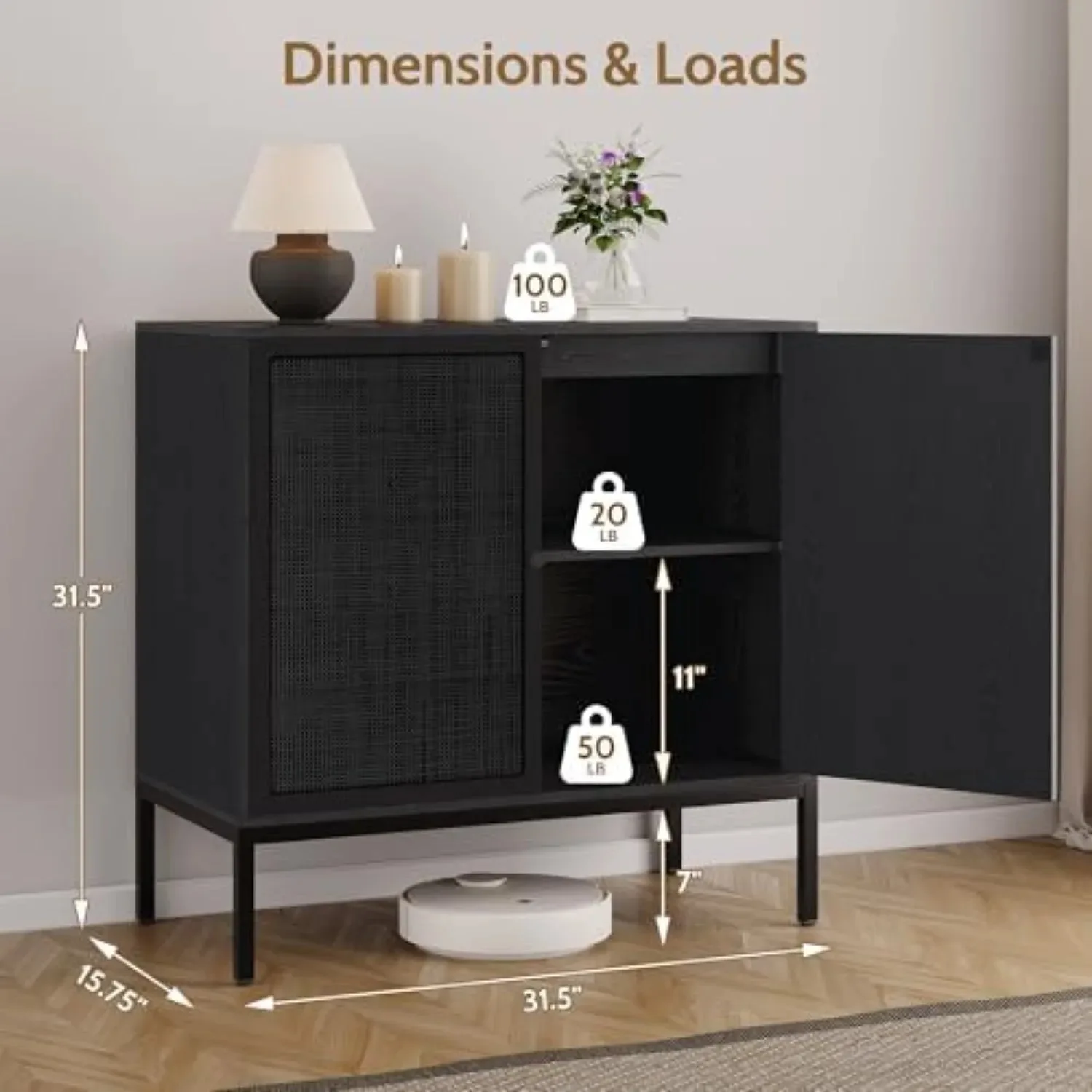 63“ W Black Rattan Cabinet, Farmhouse Sideboard Cabinet with Natural Rattan Decorated Doors, Accent Cane Credenza