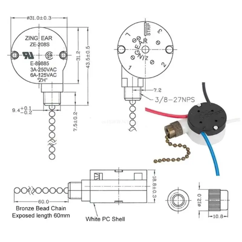 

Ceiling Fan Switchs Zings Ear ZE-208s 3 Speed 4 Wire Pull Chain Switchs Fan Light Switchs Replace Part Simple Install