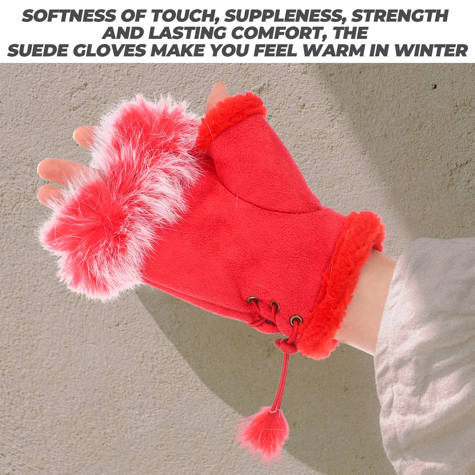 

1 Pair Warm Half Finger Gloves Suede Touchscreen Compatible Adjustable Wrist Strap For Cycling Hiking Driving Women Students