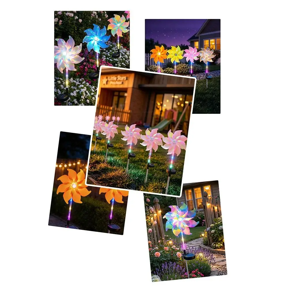 Waterproof Solar Windmill Light Solar Powered Color Changing Garden Stake Light LED Light Source Windmill Stake Light