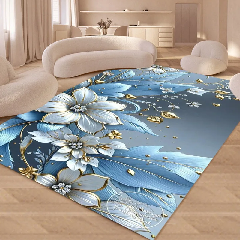 Luxury Floral Pattern Carpet Mat Anti-Slip Rubber Backing Rug Diamond Gemstone for Modern Home Decoration Living Room 3D Mat