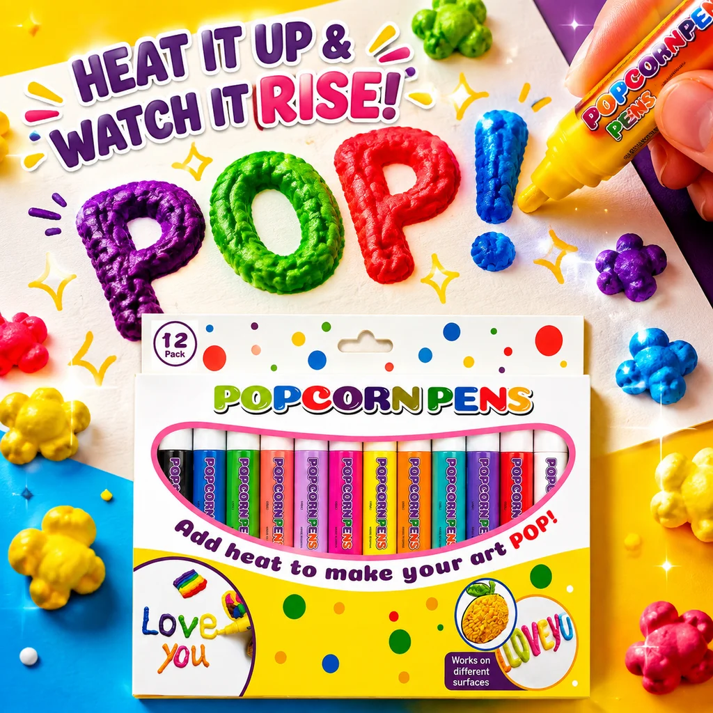 6/12Pcs Popcorn Pens, Bubble Puffy Pens 3D Art Kit Safe Puffy Pen DIY Bubble Popcorn Drawing for Greeting Birthday Cards School
