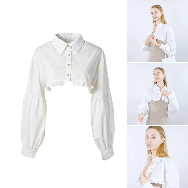 

Women Vintage Puff Long Sleeve Short Crop Top Cardigans Ruffle Trim Lapel Collar Button Up False Collar Half Shirt Blouses Shirt