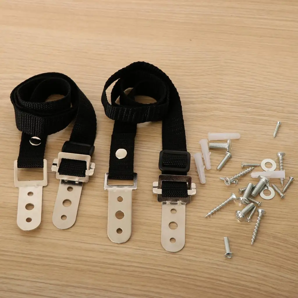 Furniture Safety Strap 2pcs Black Nylon Adjustable Secure Cabinet Bookshelf Wardrobe Anchor for Child and Pet Proofing