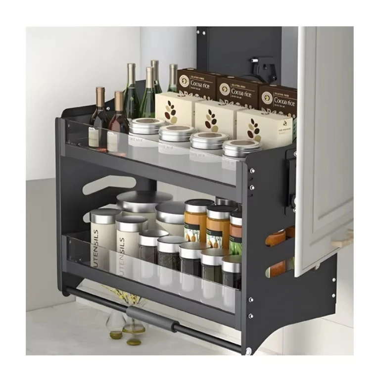 Stainless Steel Modern Pull Elevator Large Capacity Eco-Friendly Storage Cabinet Organizer Double Layer Rack Cabinet Lift Basket