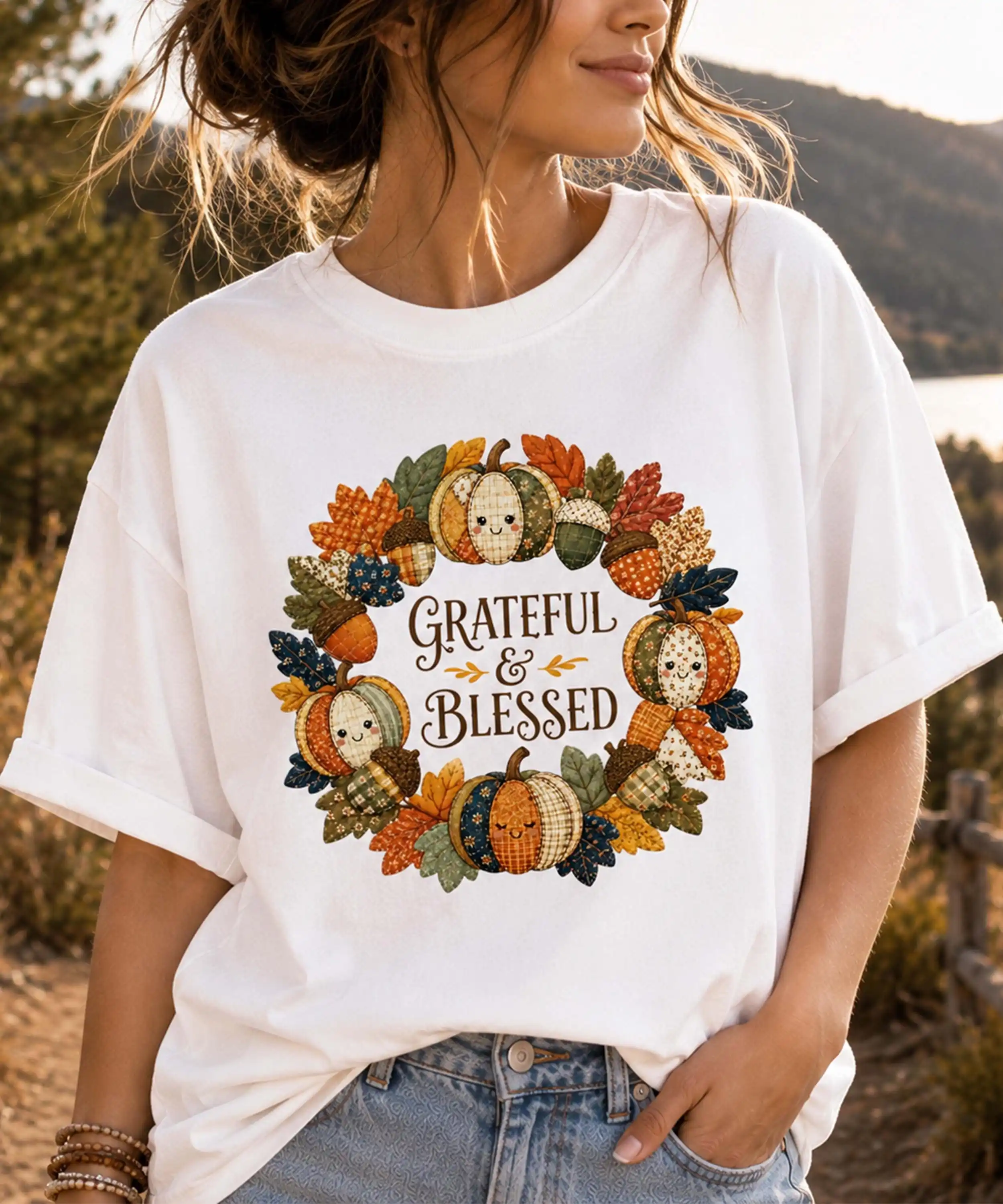 Grateful & Blessed Fall T-Shirt Thanksgiving Scarecrow Girl Pumpkin Wreath Autumn Aesthetic Tee For Women
