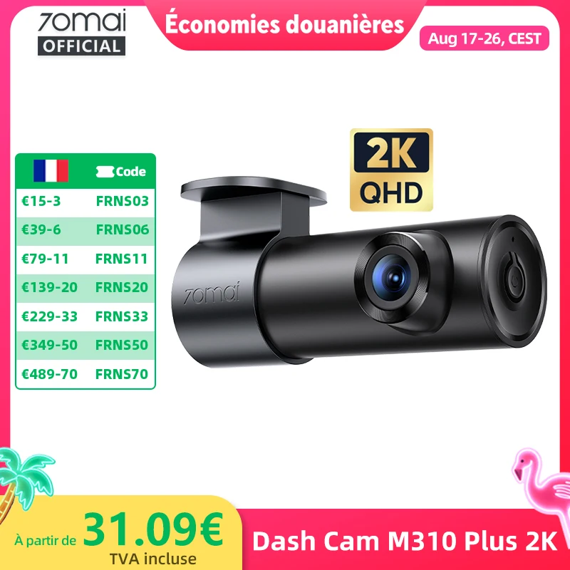 Caméra embarquée 70mai M310 Plus 2K 1440P 143 ° Caméra de voiture intelligente à commande vocale avec grande ouverture FOV f/1.55, surveillance de stationnement 24h/24, vision nocturne