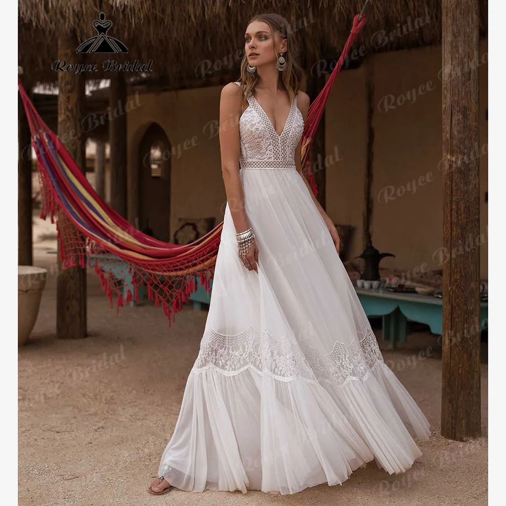 trouwjurk Plunging V Neck Lace Chiffon Boho Wedding Dress for Women 2024 Backless Bridal Gown Customized abito sposa Backless