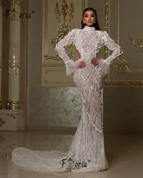 Elegant Ivory Pearls Lace Evening Dress Long Sleeves Open Back Couture Wedding Party Gown Beach vestidos elegantes feminino