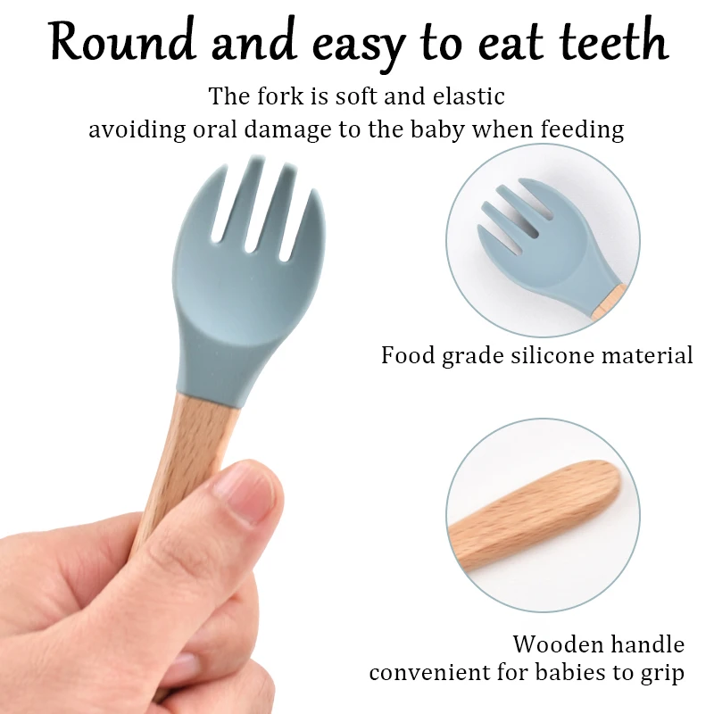 Baby Fork&Spoon Set Soft Silicone Head with Non-Slip Wooden Handle BPA Free Dishwasher Safe Ideal for Toddler Meals (6+ Months)