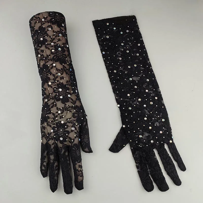 Halloween Retro Makeup Party Accessories Women 45CM Long Thin Elastic Mesh Flower Shiny Rhinestone Sexy Black Hollow Lace Gloves